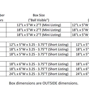 May include: A table showing the different sizes of jars and the corresponding box sizes for shipping. The table lists the jar size, jar dimensions, number of jars, box size for ball visible, and box size for ball not visible. The box dimensions are outside dimensions.