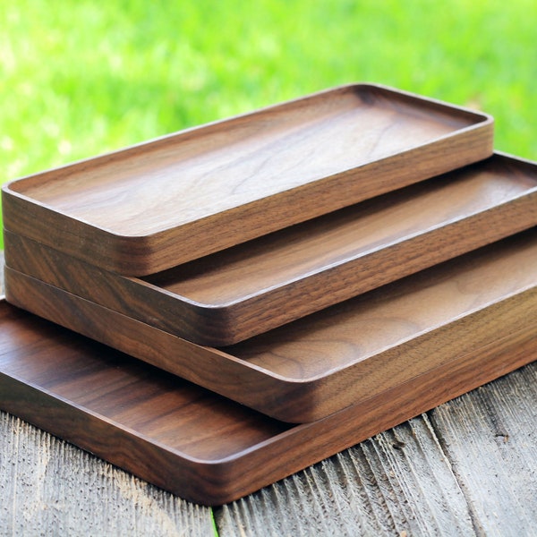 Black Walnut & Oak Hardwood Trays, Centerpiece, Gift, Stackable, Slim, Timeless, Modern Valet Catch All Decor - Foundation Series Rectangle