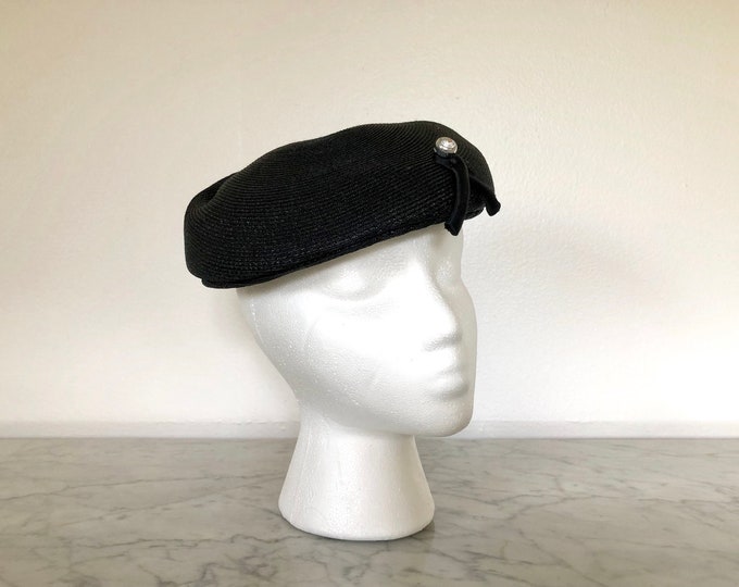 Vintage 1950's Black Hat, 50's Black Hat, Black Flat Hat, Ladies Black