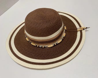 1990's Beach hat. Brown and tan hat. 90’s sun hat beach hat. Wide brim hat. Floppy 90’s hat. 1990’s floppy beach. 90’s brown women’s hat