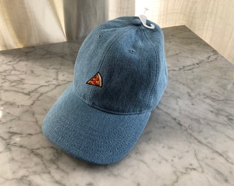 1990's denim hat with embroidery, funny hat, Denim hat. Pizza hat. Embroidered hat. pizza slice embroidery. Silly hat. Denim Baseball hat.