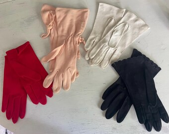Vintage short gloves, pink gloves, lot of 4 pairs of gloves, midcentury gloves, costume gloves, vintage gloves, tea gloves, party glove lot