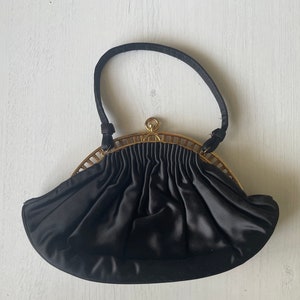 Vintage black satin purse , 1950’s black handbag, Black bag, Black handbag with gold, Mid century purse, small black purse, top handle bag