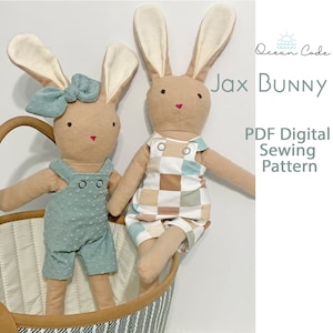 Jax Bunny Stuffed Rabbit Plush Toy PDF Digital Download Sewing Pattern - Kids Gift Easter Gift Basket - With Overalls and Bow - handmade DIY