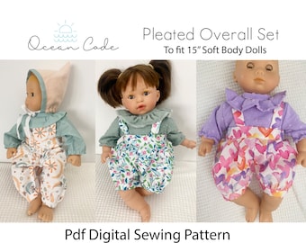 Pleated Overall Set Shirt Shorts or Pants, Bib Overalls, Pixie Bonnet Digital PDF Download Sewing Pattern Bitty Baby Alex Star Gotz  Reborn