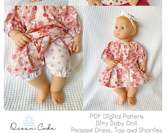 Bitty Baby - Peasant dress, Top and Shorties -Digital PDF Sewing Pattern Bitty Baby 15" inch soft body - Gotz, 15.7" Reborn, Alex Star Dolls