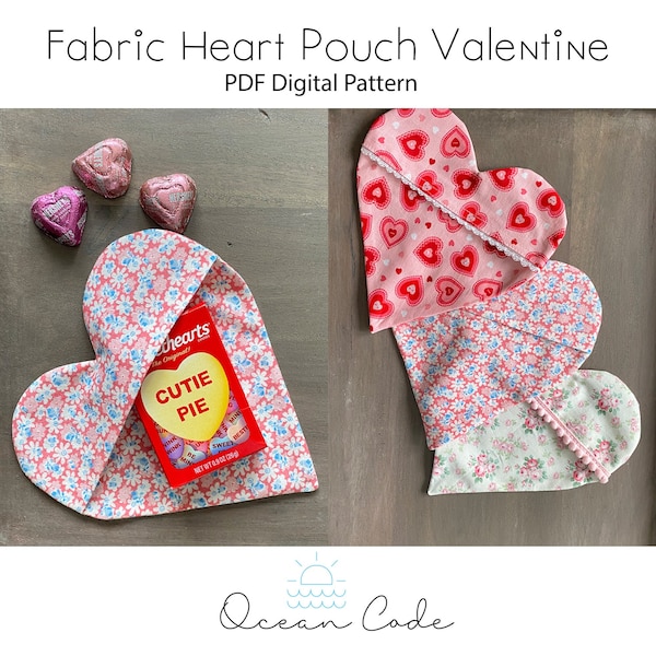 Fabric Heart Pouch Valentine's Gift, Candy, Love Note, PDF Digital Sewing Pattern download - Gift Basket Idea, Easy Beginner Sewing Craft