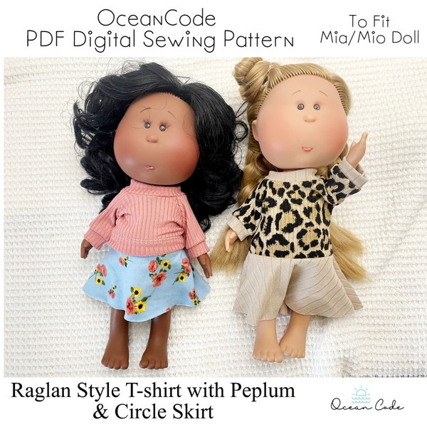 T-shirt -raglan style. Peplum Drop Waist Dress. Circle Skirt. Mia Mio Doll PDF Digital Sewing Pattern