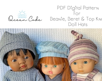 Beanie - Beret - Top Knot Beanie - Doll Hats  Fits 13" Minikane 15" Miniland and Bitty Baby Dolls- Digital Pattern