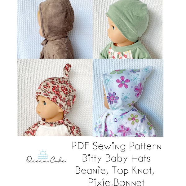 Bitty Baby - Hat Beanie Bonnet Bundle - Digital PDF Sewing Pattern OG AG Gotz, Alex Star, Reborn and other 15 inch Dolls