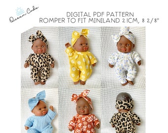 Romper PDF Pattern for baby Miniland 21cm, 8 2/8" doll - digital sewing pattern - 8" Minikane doll clothes pattern