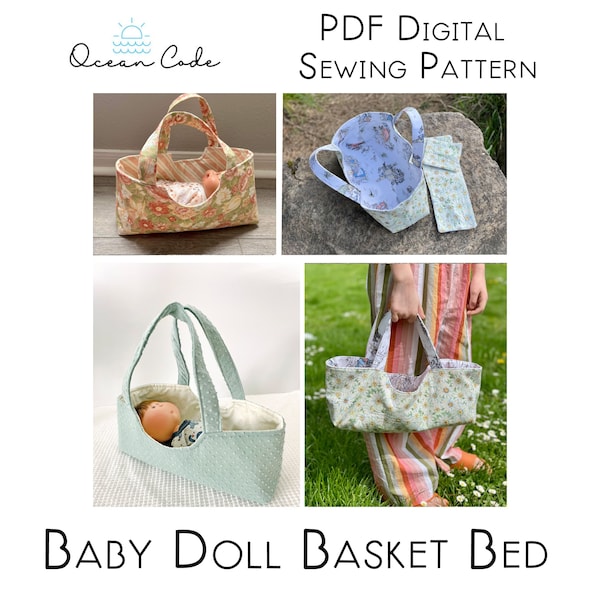 Baby Doll Basket Bed - Carrier/pouch/purse Fits many dolls sizes 7" - 18" - mattress pillow bedding with straps