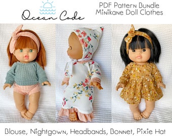 Minikane Doll Clothes Bundle - PDF Patterns for 13" Dolls -  Dress, Nightgown, Shirt, Headbands & Bonnets