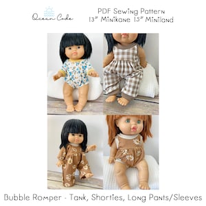 Bubble Romper PDF Digital Pattern - 13 &quot; Minikane Doll, 15&quot; Miniland Doll, Tank sleeve - Long Sleeve.- Pants -Shorties