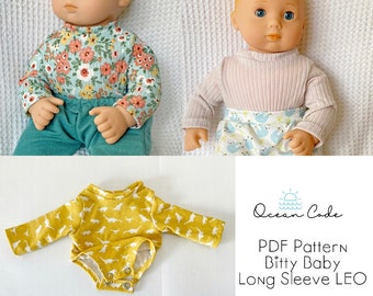 Bitty Baby Clothes PDF Pattern - Long Sleeve onesie Leo Body Suit tshirt - 15 inch soft Body Baby Doll Sewing Pattern (bottoms not included)