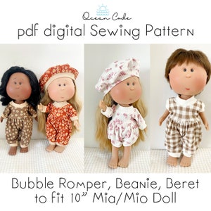 Mia/Mio Doll - Bubble Romper; tank, shorties, pants long sleeve PLUS Beret & Beanie Hat PDF Sewing Pattern Nine&#39;s D&#39;Onil Doll