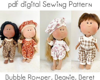 Mia/Mio Doll - Bubble Romper; tank, shorties, pants long sleeve PLUS Beret & Beanie Hat PDF Sewing Pattern Nine's D'Onil Doll