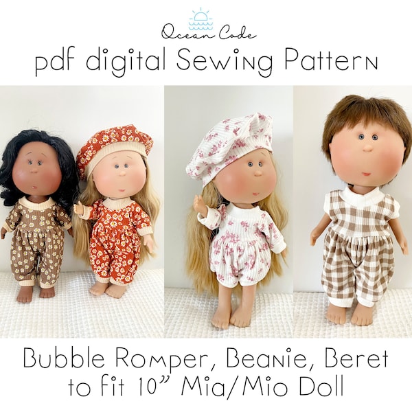 Mia/Mio Doll - Bubble Romper; tank, shorties, pants long sleeve PLUS Beret & Beanie Hat PDF Sewing Pattern Nine's D'Onil Doll