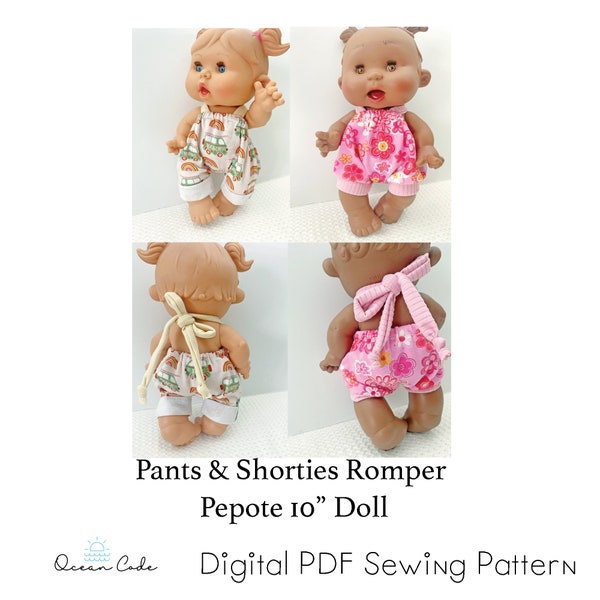 PDF Pattern  PEPOTE  10" Doll Marina & Pau Doll - digital sewing doll clothes pattern - Halter Shorties and Pants Romper