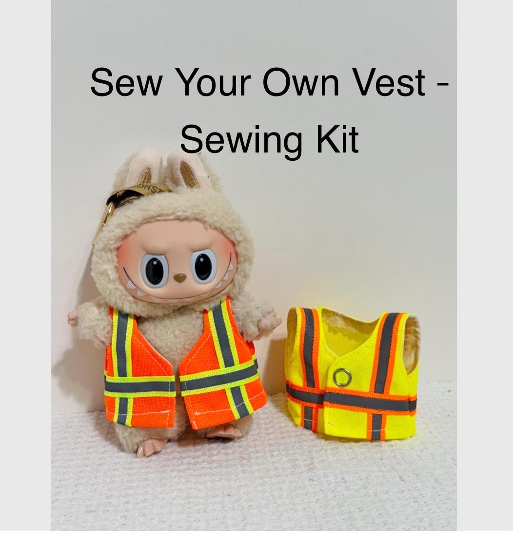 Sew your own Labubu Vest -sewing kit with fabric, paper pattern, reflective tape and more included to make a construction safety life vest