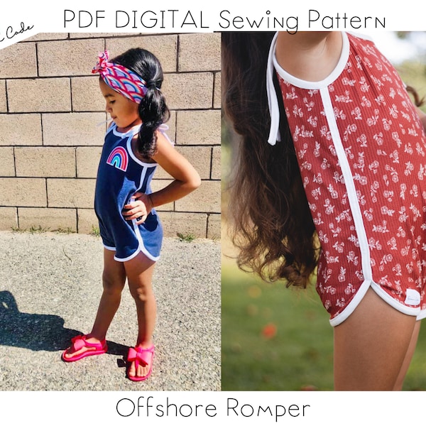 Offshore Romper PDF Patrón de costura digital infantil ~Patrón de mameluco de verano de pista retro