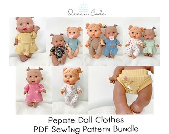 PDF Pattern Bundle PEPOTE Doll Marina & Pau Doll -patrón de ropa de muñeca de costura digital - Leo, monos, romper, shorties y más
