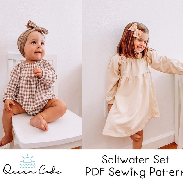 Salzwasser Bauernkleid & Strampler - stricken - PDF Digitales Schnittmuster für Kinder ~ lang, kurze Ärmel, Kleid, Strampler Kleinkind bis Größe 6