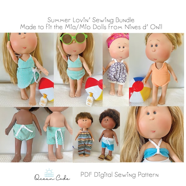 Summer Lovin' Pattern Sewing Bundle for Mia/Mio  PDF Nine's D'Onil Doll - Swimsuits, Cover up, Board shorts, Halter rompers Boy and Girl