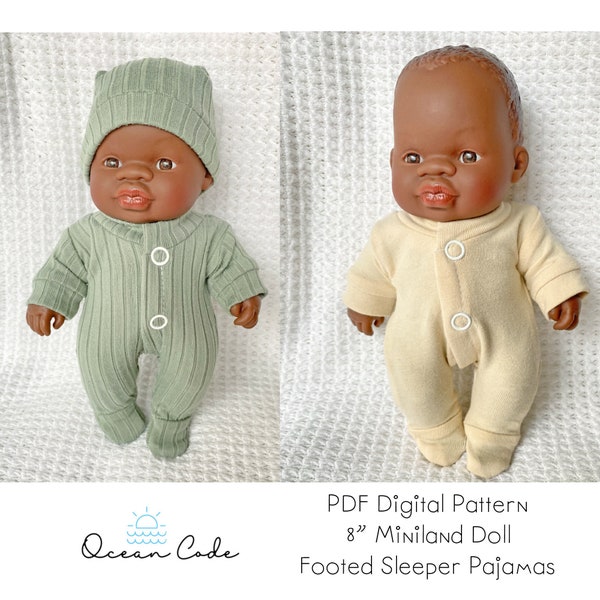 Footed Sleeper Pajama PDF Pattern for baby Miniland 21cm, 8 2/8" doll - digital sewing pattern - 8" Miniland doll clothes pattern