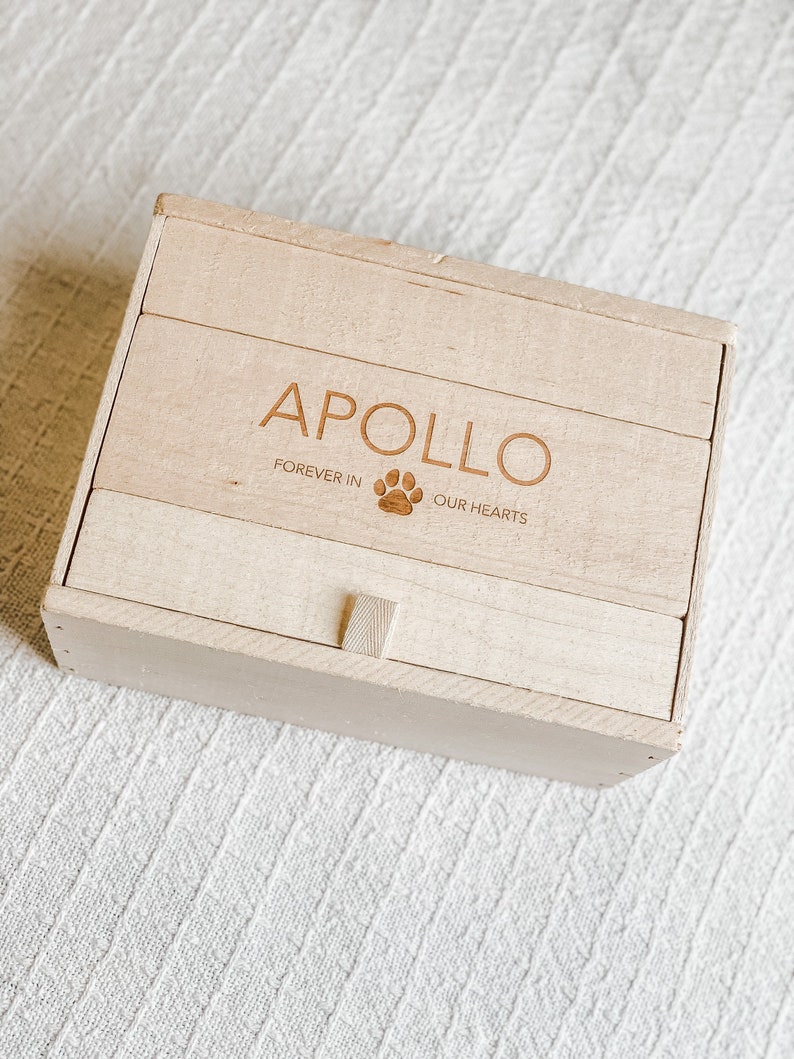 Puede incluir: Una caja de madera con tapa abatible y un peque&ntilde;o pestillo. La caja est&aacute; grabada con el nombre "Apollo" y el texto "Forever in our hearts".