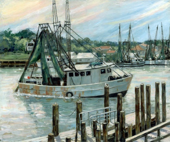 Going Shrimping by Carol Ann Curran - Fine Art Print - Double Matted to 11" x 14" (Image Size 8" x 10") - Shem Creek, Mount Pleasant, SC