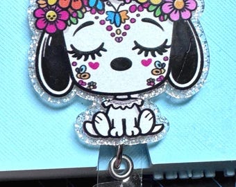 Kawaii Flower Power/Sugar Skull Beagle Retractable ID badge reel (alligator swivel clip)