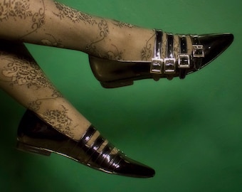 Zapatos planos Winklepicker, "Lucrecia", tiras, zapatos negros, gótico