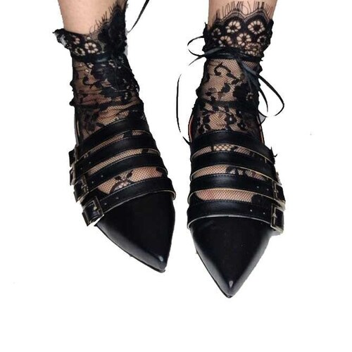 Winklepicker flats, strappy, black shoes, goth, 80s retro, indie