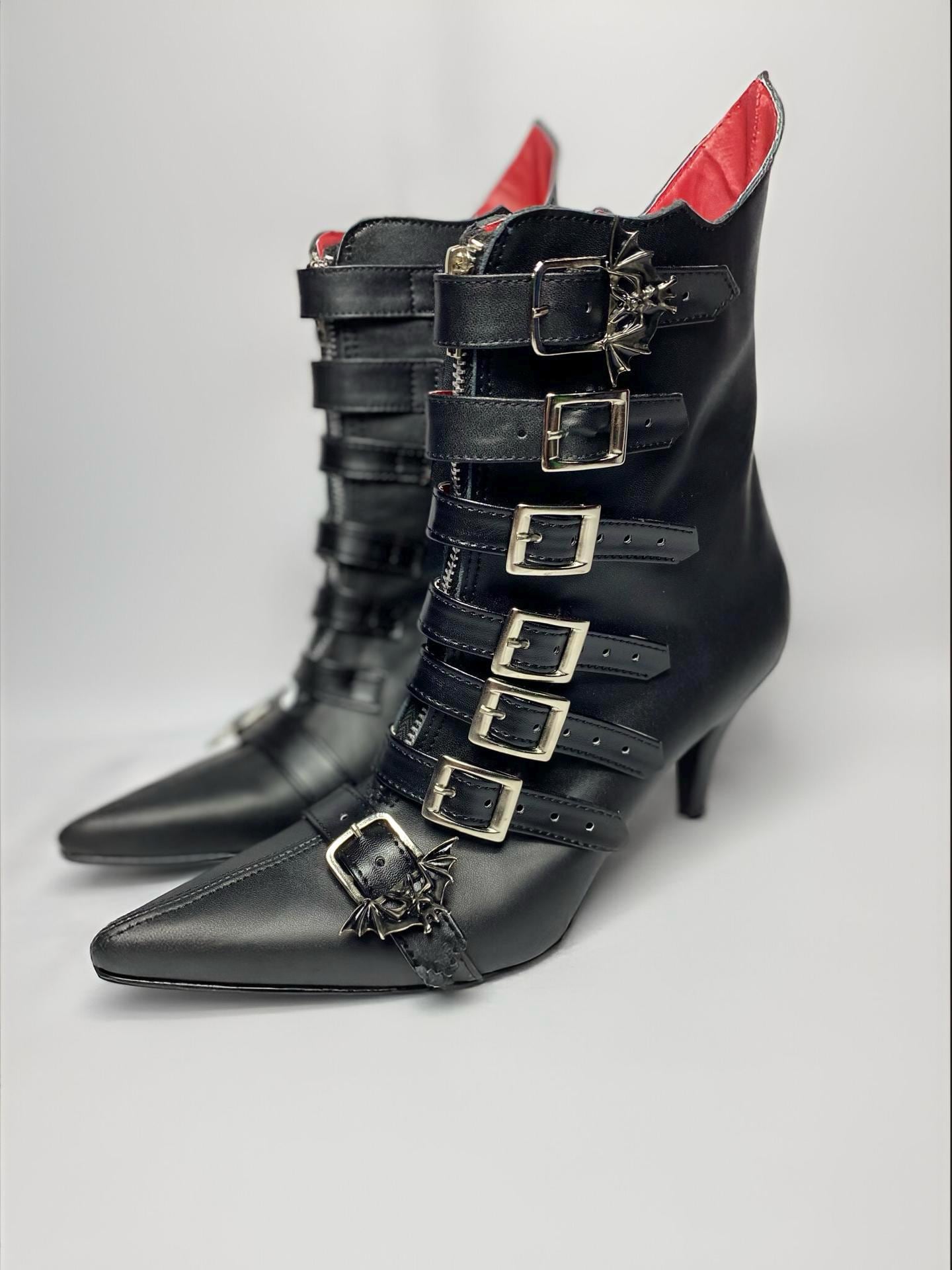 Botas góticas de bruja, estilo 2 hebillas, de cuero y tacones, inspiradas en los años 80.
