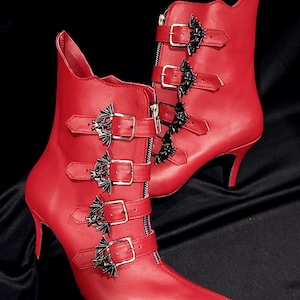 Red Goth winkle picker heeled boots bat buckles , witchy, 80s pointy, leather