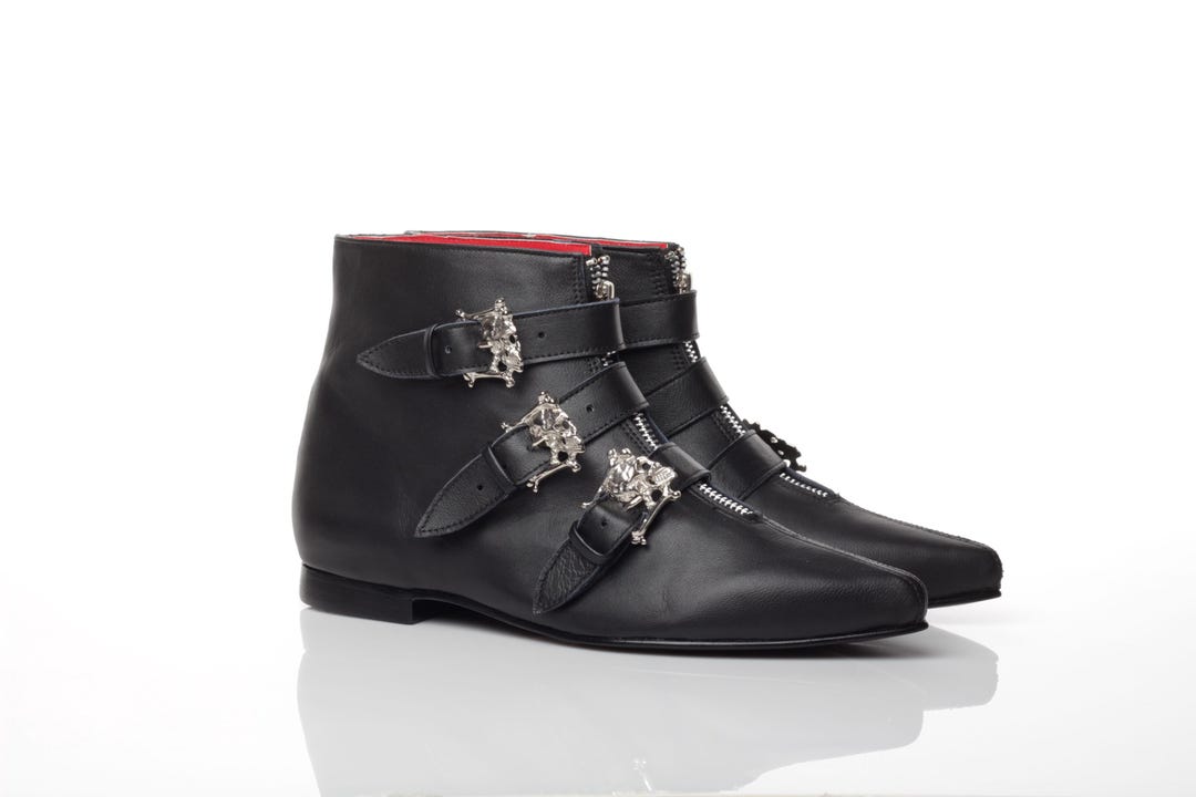 Handmade Leather Gothic Ankle Boots, Bat Buckles, Winkle Picker