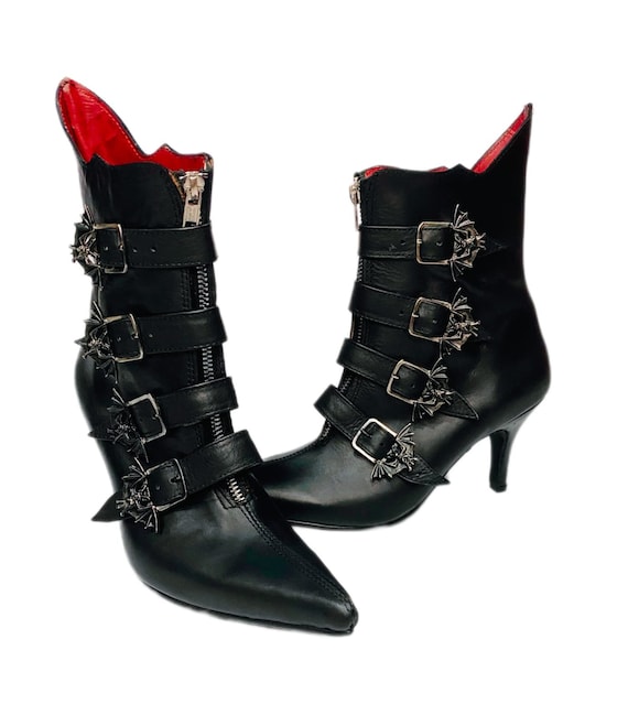 Goth Winkle Picker Heeled Boots Bat Buckles , Witchy, 80s Pointy