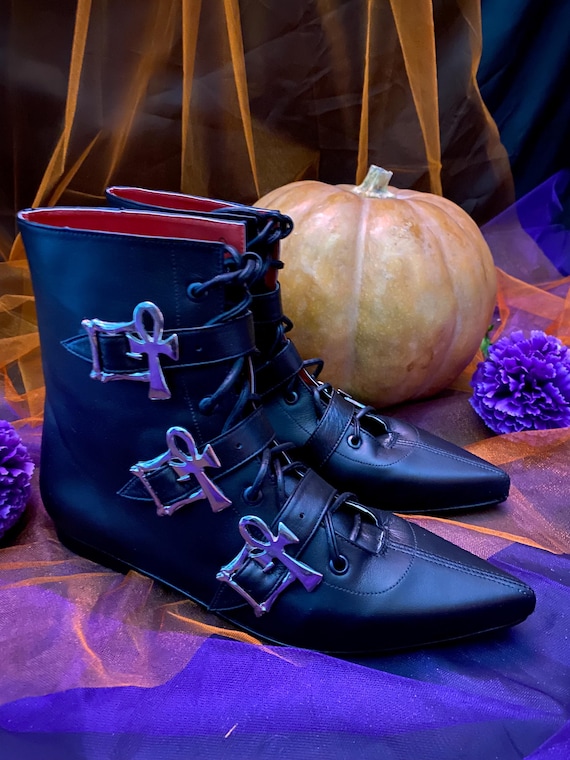 Botas Piel Winklepicker, Cordones Y Hebillas Ankh, Goth, Punk, 80s