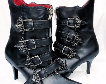 Goth Winkle Picker Heeled Boots Bat Buckles , Witchy, 80s Pointy