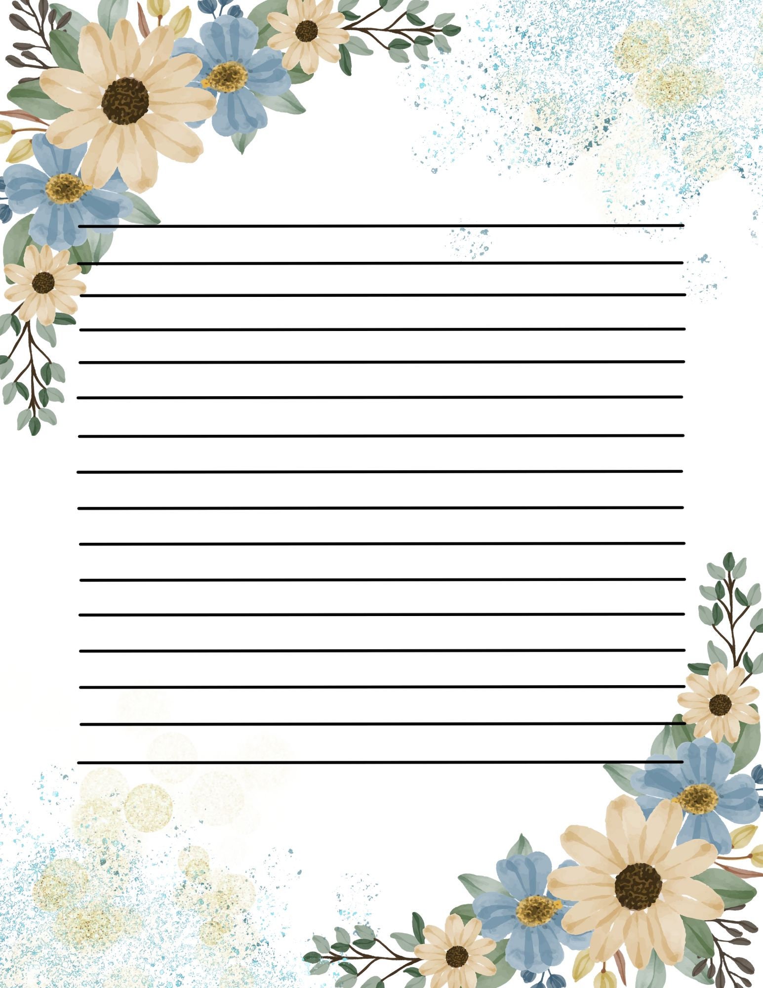 Blue Floral Printable Stationery, Digital Stationery, Downloadable ...