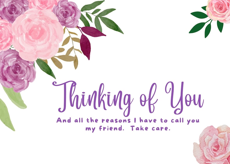 Purple Floral Thinking of You Printable Card, Digital Card, Instant