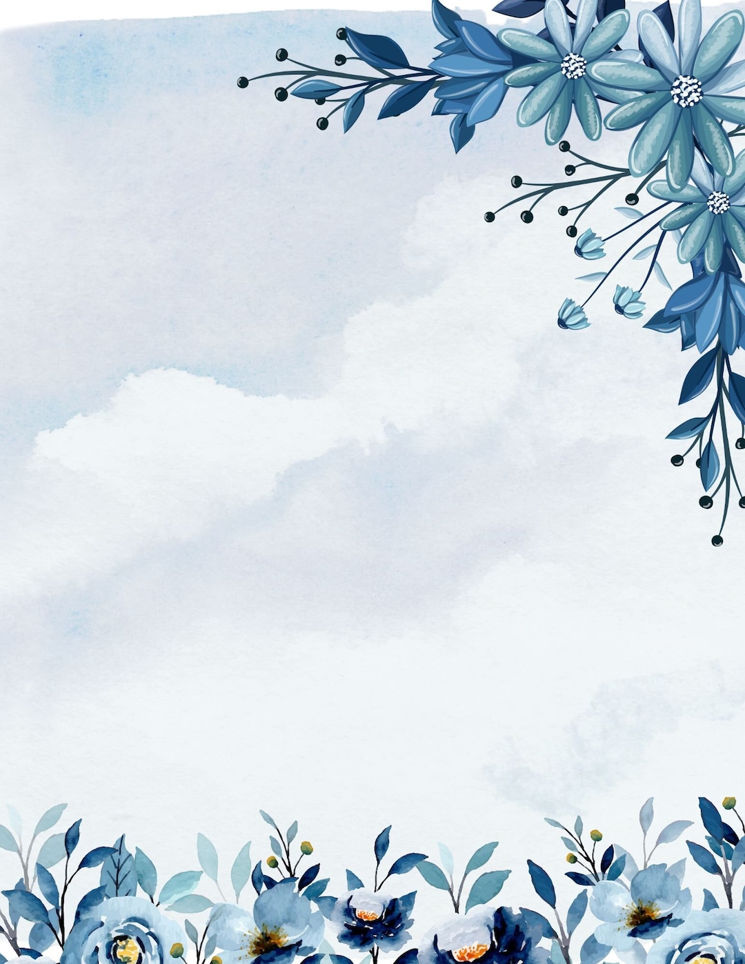 Blue Flowers Printable Stationery, Digital Stationery, Downloadable