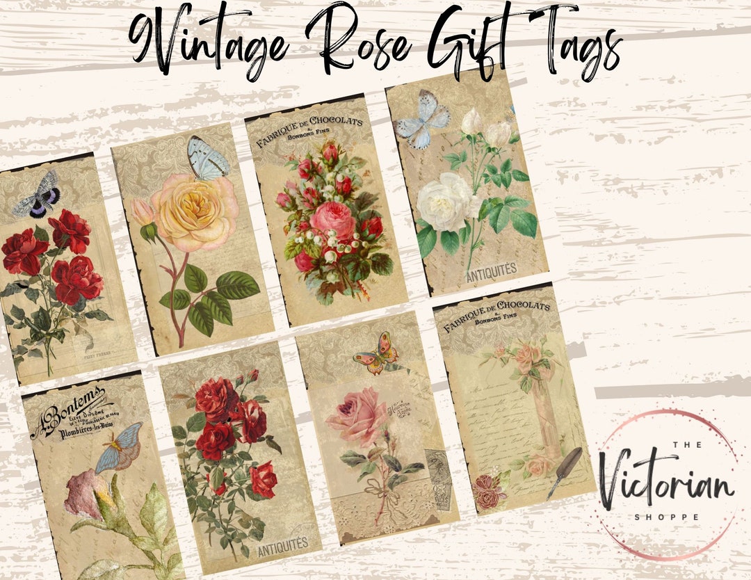 Printable Vintage Rose Gift Tags, Digital Gift Tags, Instant
