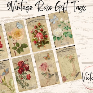 Printable Vintage Rose Gift Tags, Digital Gift Tags, Instant Downloadable Ephemera
