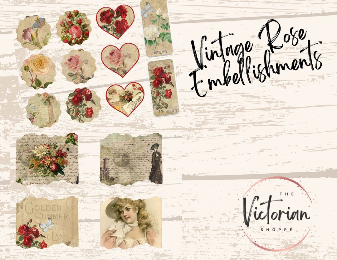 Printable Vintage Rose Embellishments, Digital Journal Embellishments