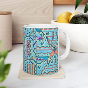 Ceramic Mug with Vibrant Teal Pattern - Unique Kitchen Decor Gift