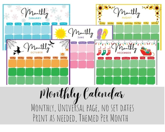 Printable Monthly Calendar 12 Months Multi-year Use 8.5x11 Themed Cute Calendar Printable - Etsy