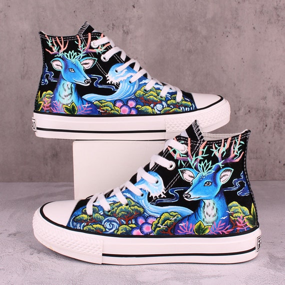 Hand-Painted  Elk High Top Shoes,Drawing Deer Lace-up Sneakers,Custom Doodle Shoes