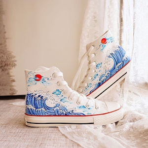 Hand Painted Waterproof Sea Wave Shoes,Hi Top Custom Painted Shoes,Casual Lace Individuality Doodle Hand Drawn Sneakers,Custom Birthday Gift